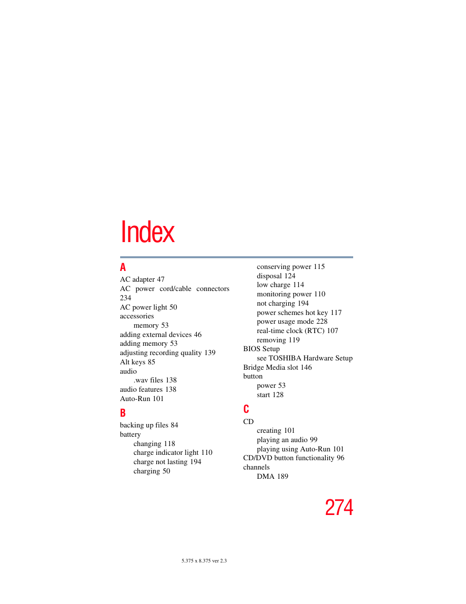 Index | Toshiba P100/P105 User Manual | Page 274 / 280