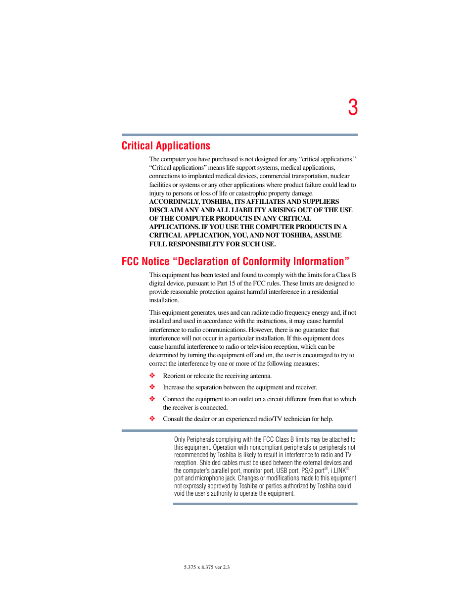 Critical applications, Fcc notice “declaration of conformity information | Toshiba P100/P105 User Manual | Page 3 / 280