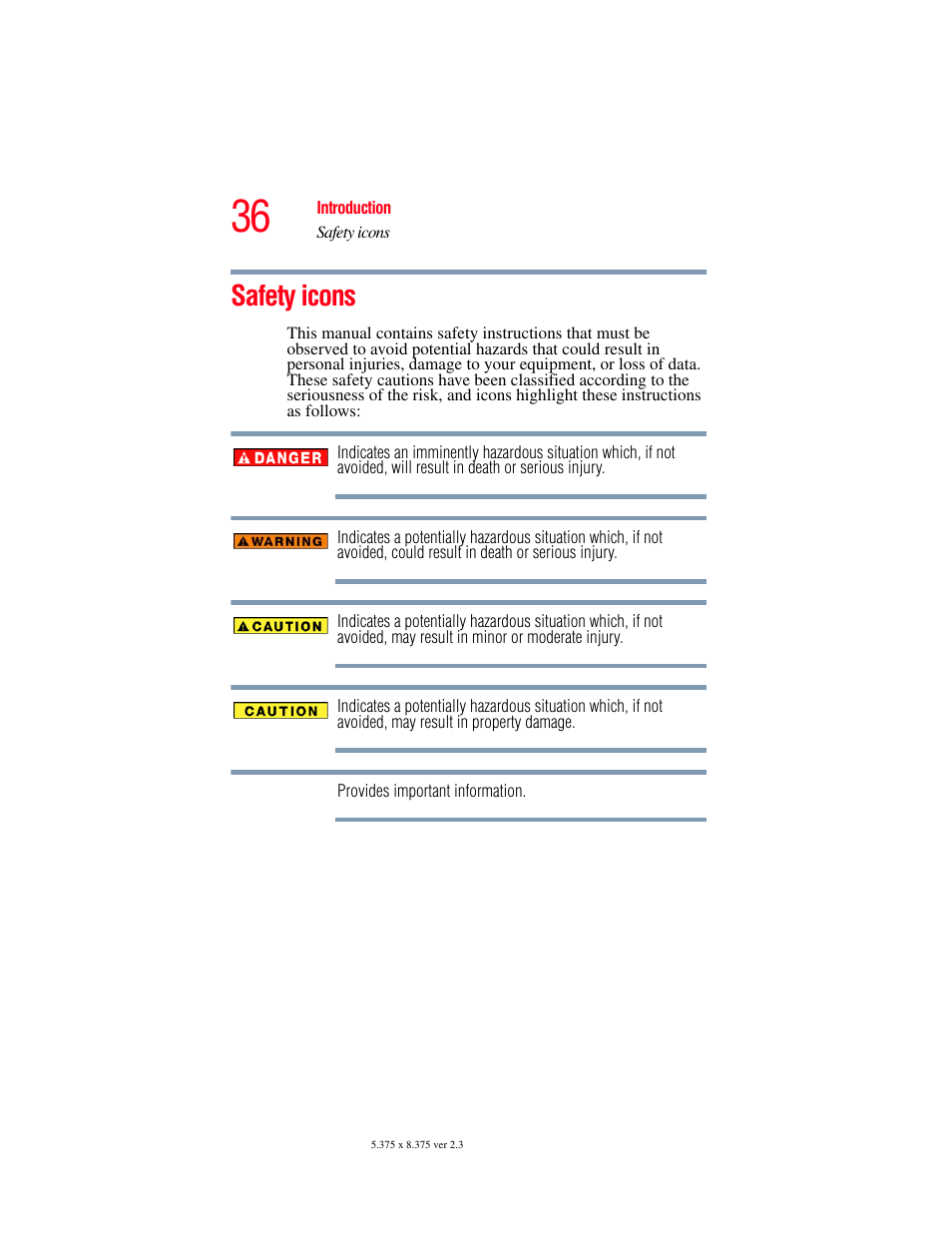 Safety icons | Toshiba P100/P105 User Manual | Page 36 / 280
