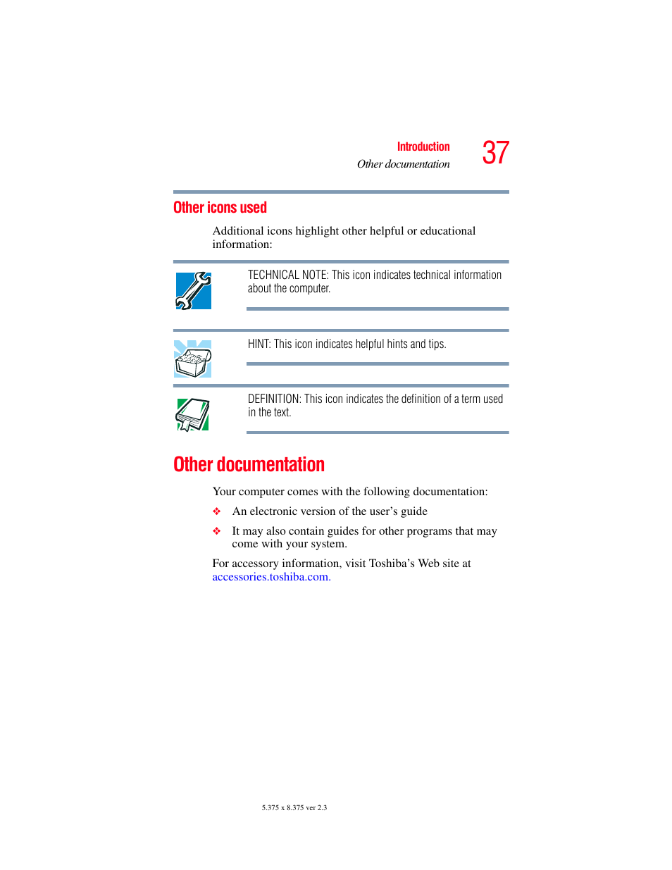 Other icons used, Other documentation | Toshiba P100/P105 User Manual | Page 37 / 280