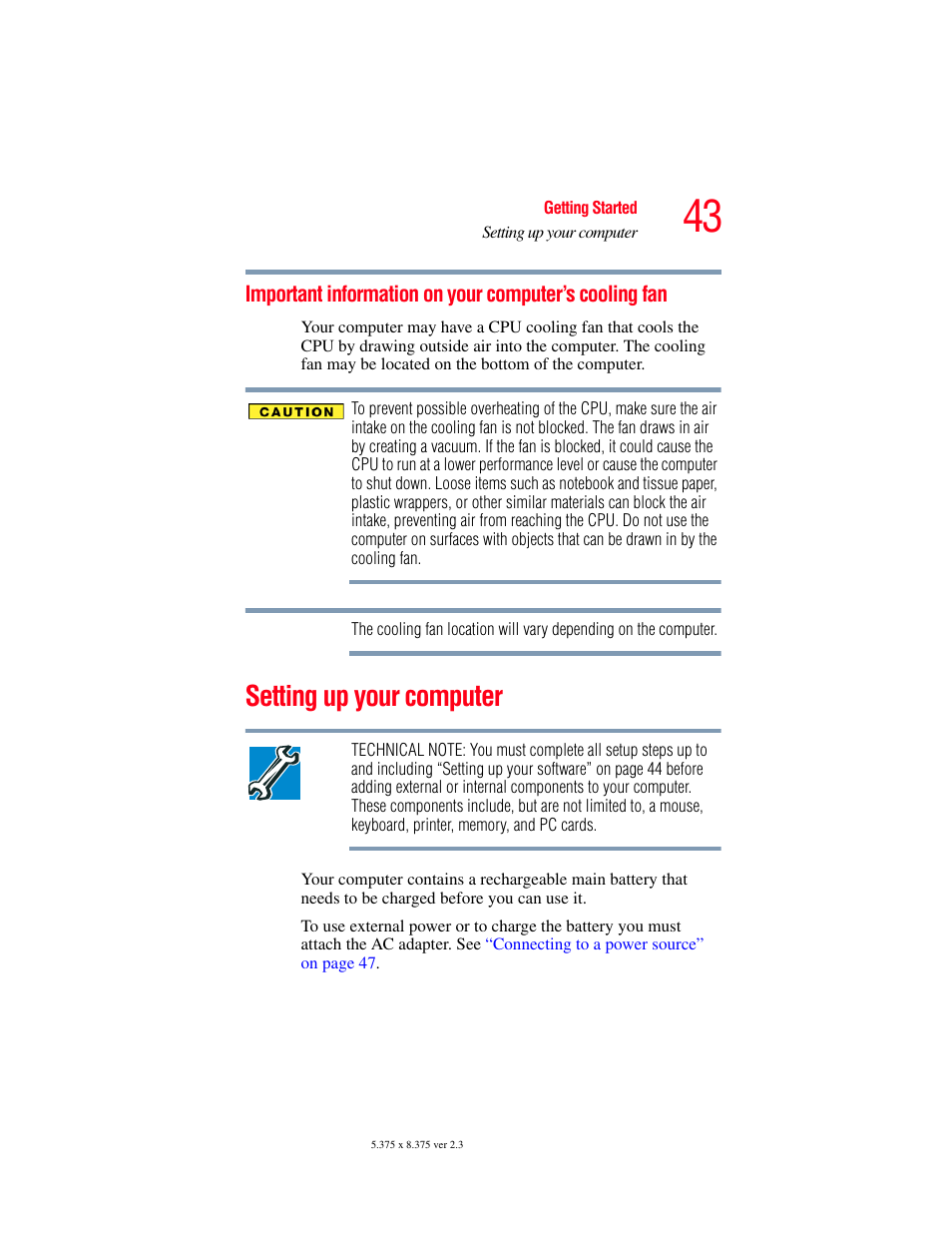 Setting up your computer, Important information on your computer’s, Cooling fan | Toshiba P100/P105 User Manual | Page 43 / 280