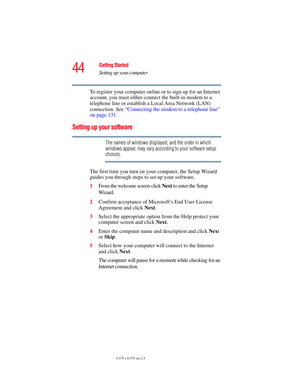 Setting up your software | Toshiba P100/P105 User Manual | Page 44 / 280