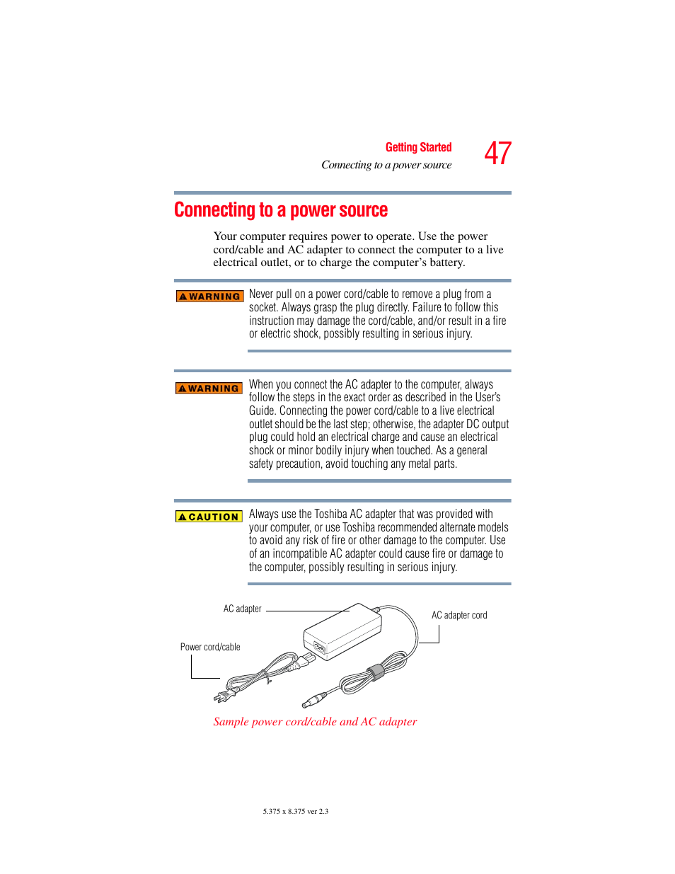 Connecting to a power source | Toshiba P100/P105 User Manual | Page 47 / 280