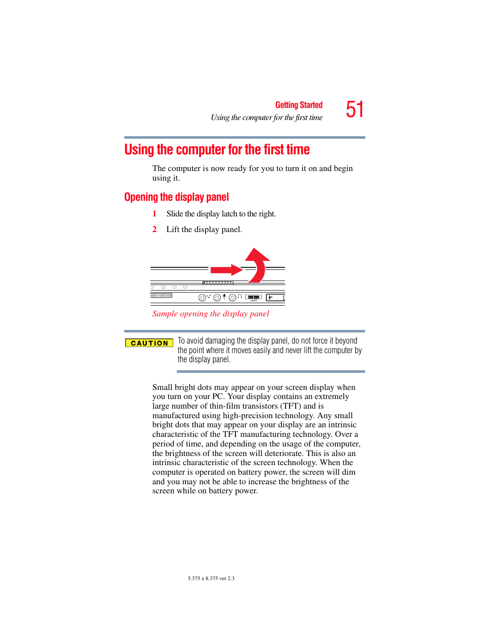 Using the computer for the first time, Opening the display panel | Toshiba P100/P105 User Manual | Page 51 / 280