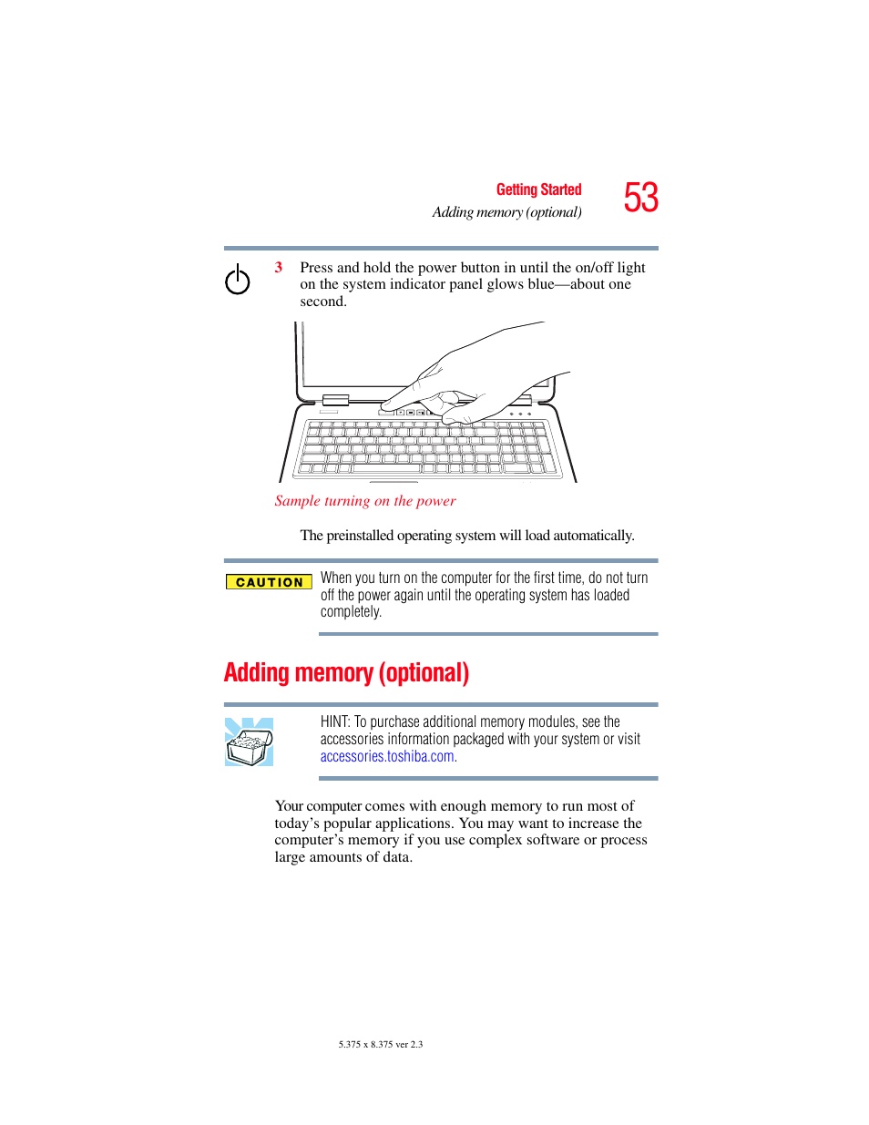 Adding memory (optional), Adding memory (optional)” on | Toshiba P100/P105 User Manual | Page 53 / 280
