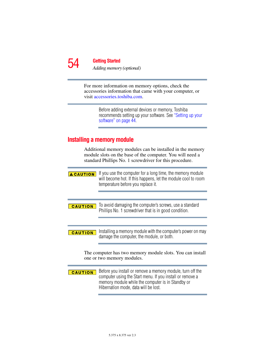 Installing a memory module | Toshiba P100/P105 User Manual | Page 54 / 280