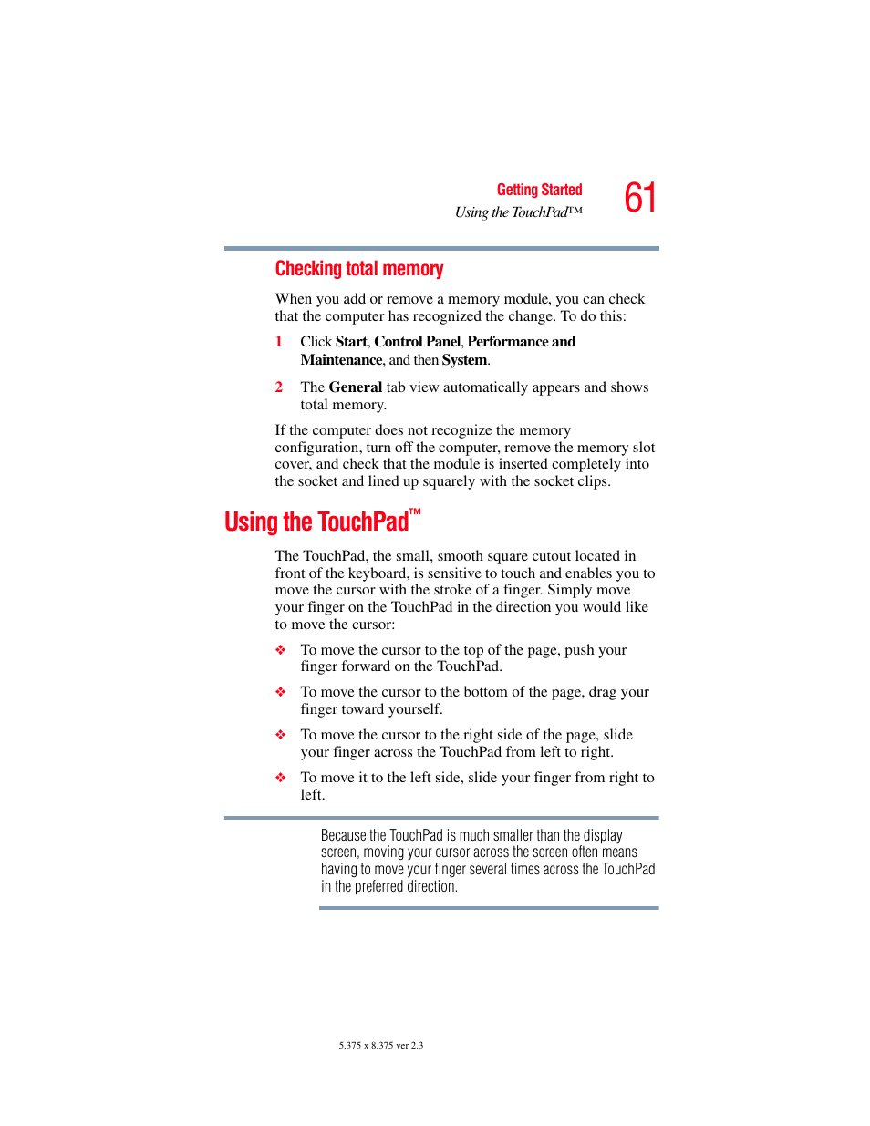 Using the touchpad | Toshiba P100/P105 User Manual | Page 61 / 280