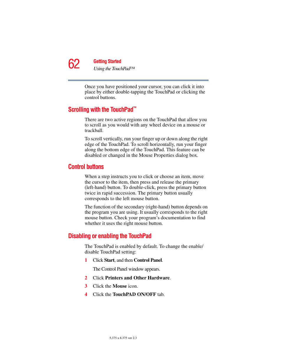 Scrolling with the touchpad, Control buttons, Disabling or enabling the touchpad | Control buttons disabling or enabling the touchpad | Toshiba P100/P105 User Manual | Page 62 / 280