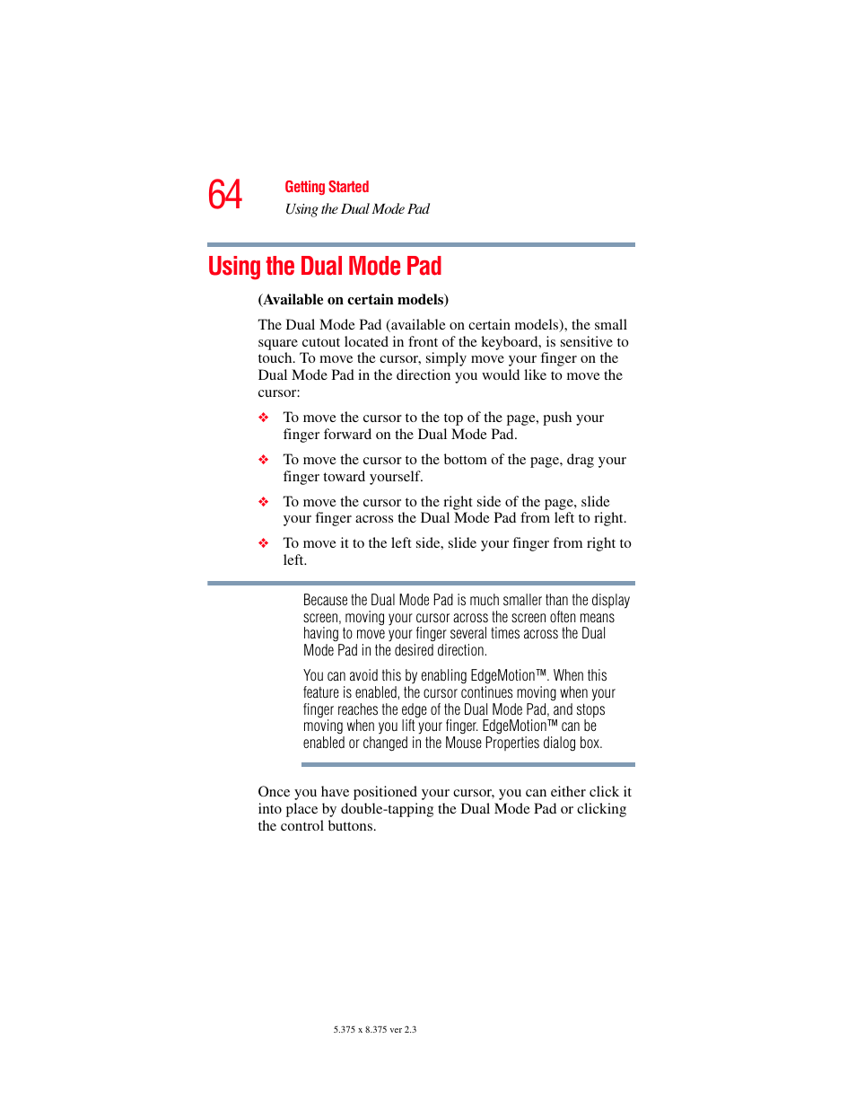 Using the dual mode pad | Toshiba P100/P105 User Manual | Page 64 / 280