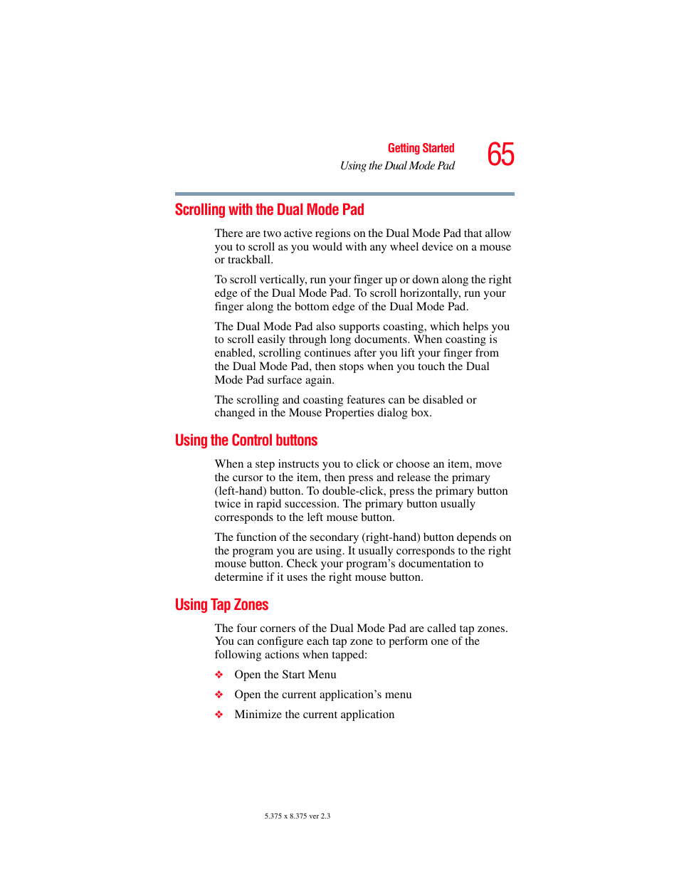 Scrolling with the dual mode pad, Using the control buttons, Using tap zones | Toshiba P100/P105 User Manual | Page 65 / 280