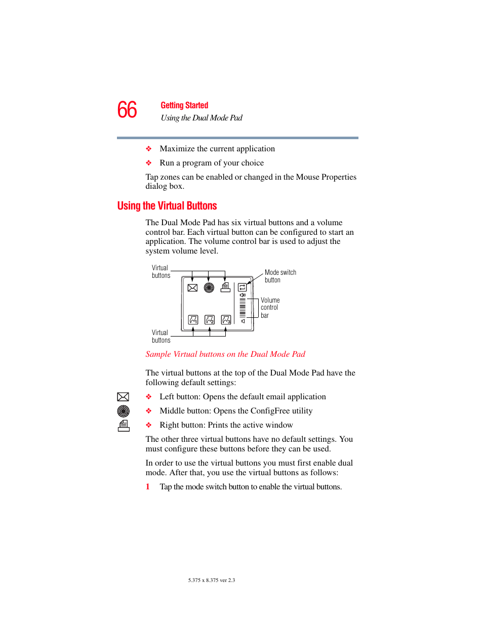 Using the virtual buttons | Toshiba P100/P105 User Manual | Page 66 / 280