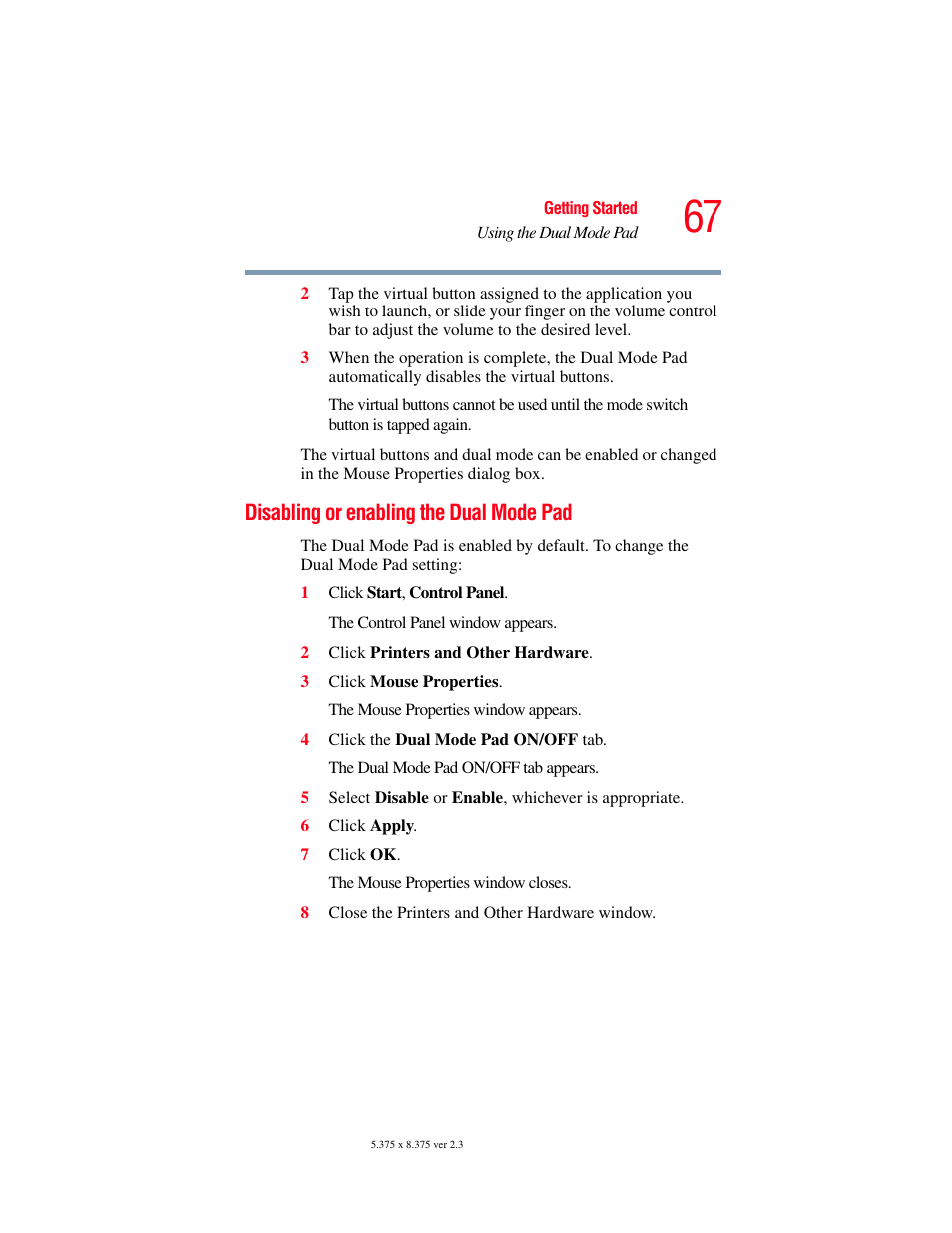 Disabling or enabling the dual mode pad | Toshiba P100/P105 User Manual | Page 67 / 280