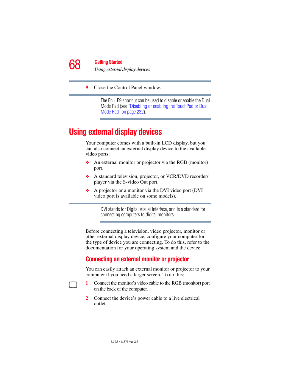 Using external display devices, Using external display | Toshiba P100/P105 User Manual | Page 68 / 280