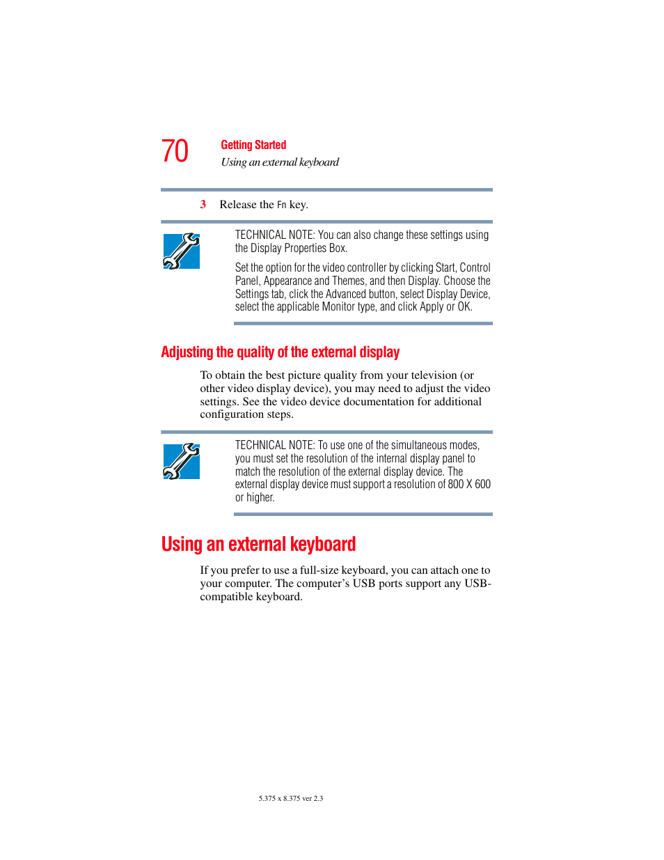 Adjusting the quality of the external display, Using an external keyboard, Using an external | Toshiba P100/P105 User Manual | Page 70 / 280