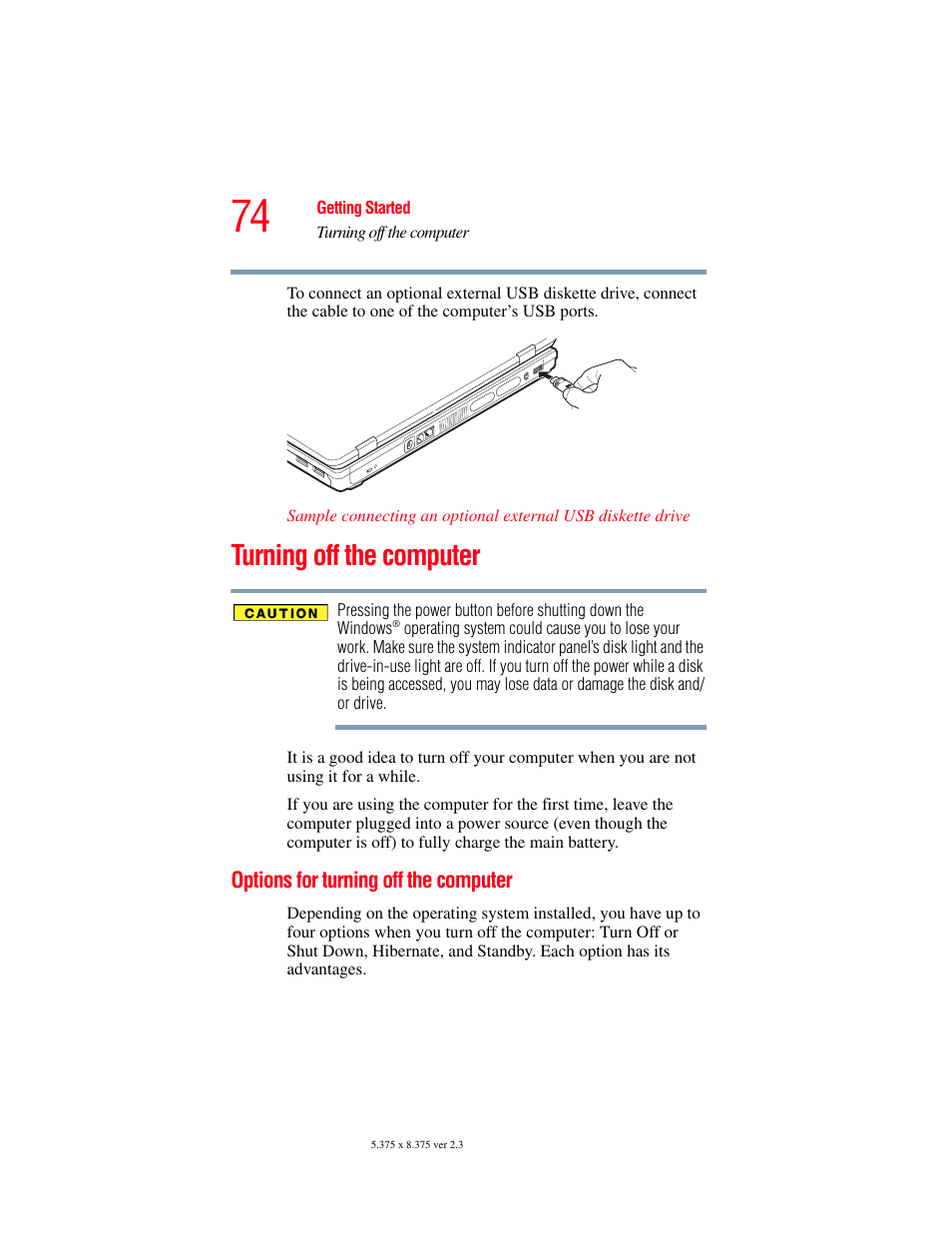 Turning off the computer, Options for turning off the computer | Toshiba P100/P105 User Manual | Page 74 / 280