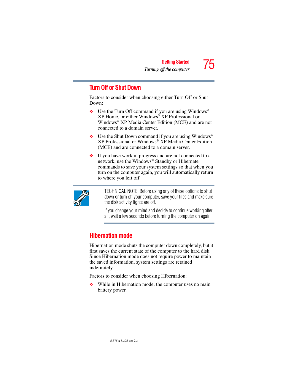 Turn off or shut down, Hibernation mode | Toshiba P100/P105 User Manual | Page 75 / 280