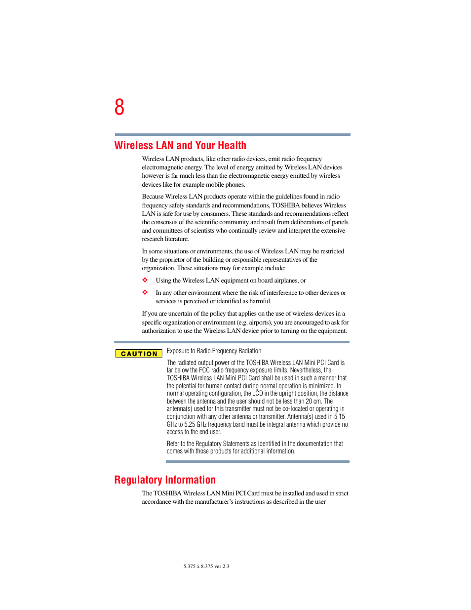 Wireless lan and your health, Regulatory information | Toshiba P100/P105 User Manual | Page 8 / 280