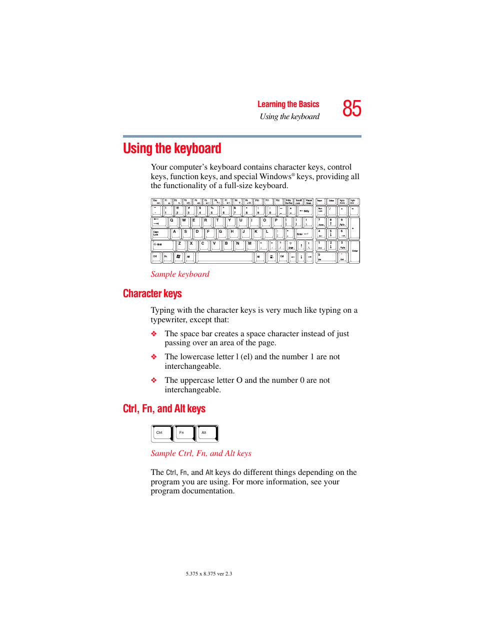 Using the keyboard, Character keys, Ctrl, fn, and alt keys | Character keys ctrl, fn, and alt keys | Toshiba P100/P105 User Manual | Page 85 / 280