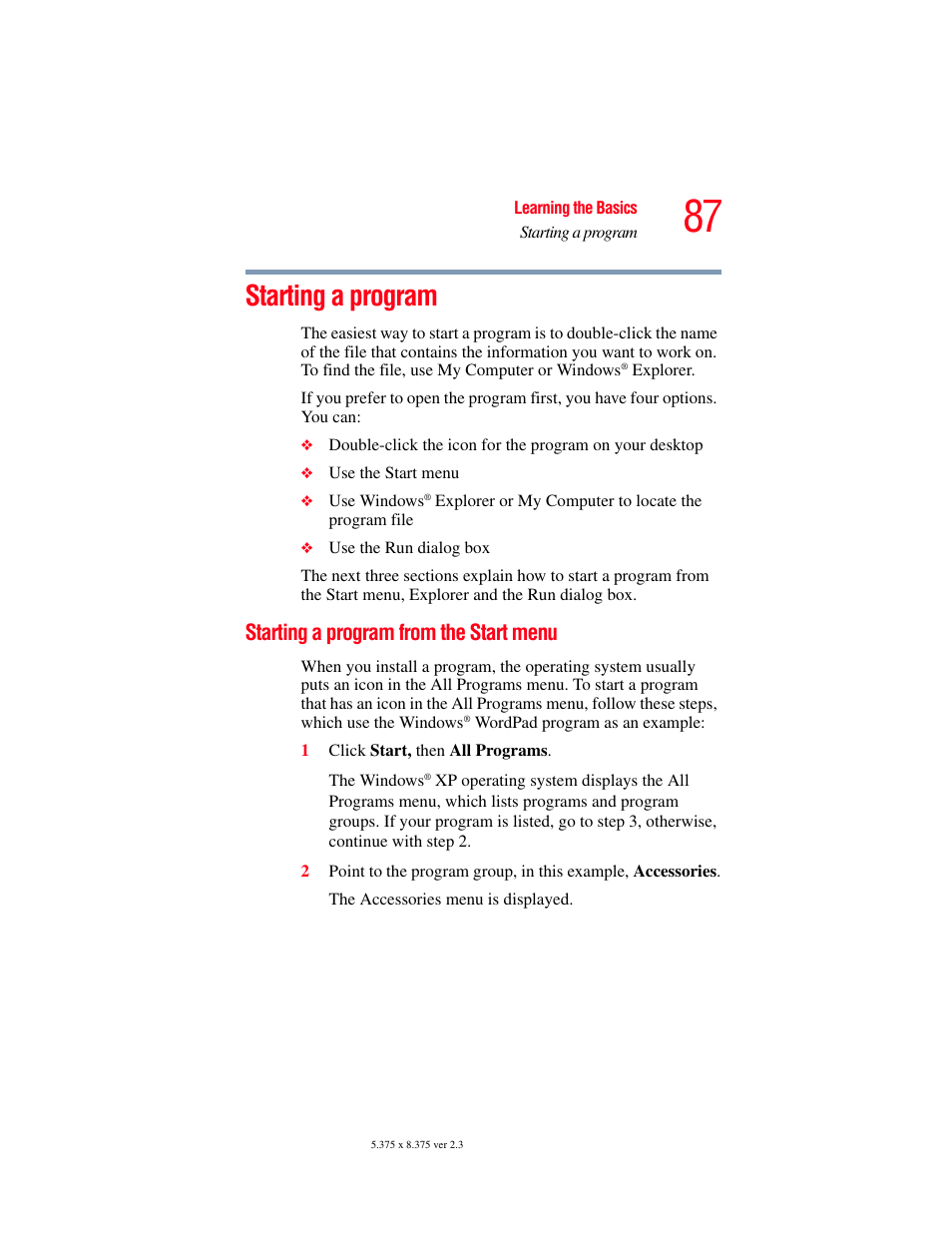 Starting a program, Starting a program from the start menu | Toshiba P100/P105 User Manual | Page 87 / 280
