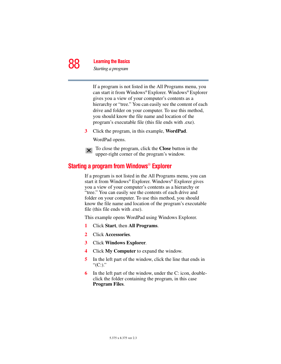 Starting a program from windows® explorer, Starting a program from windows, Explorer | Toshiba P100/P105 User Manual | Page 88 / 280