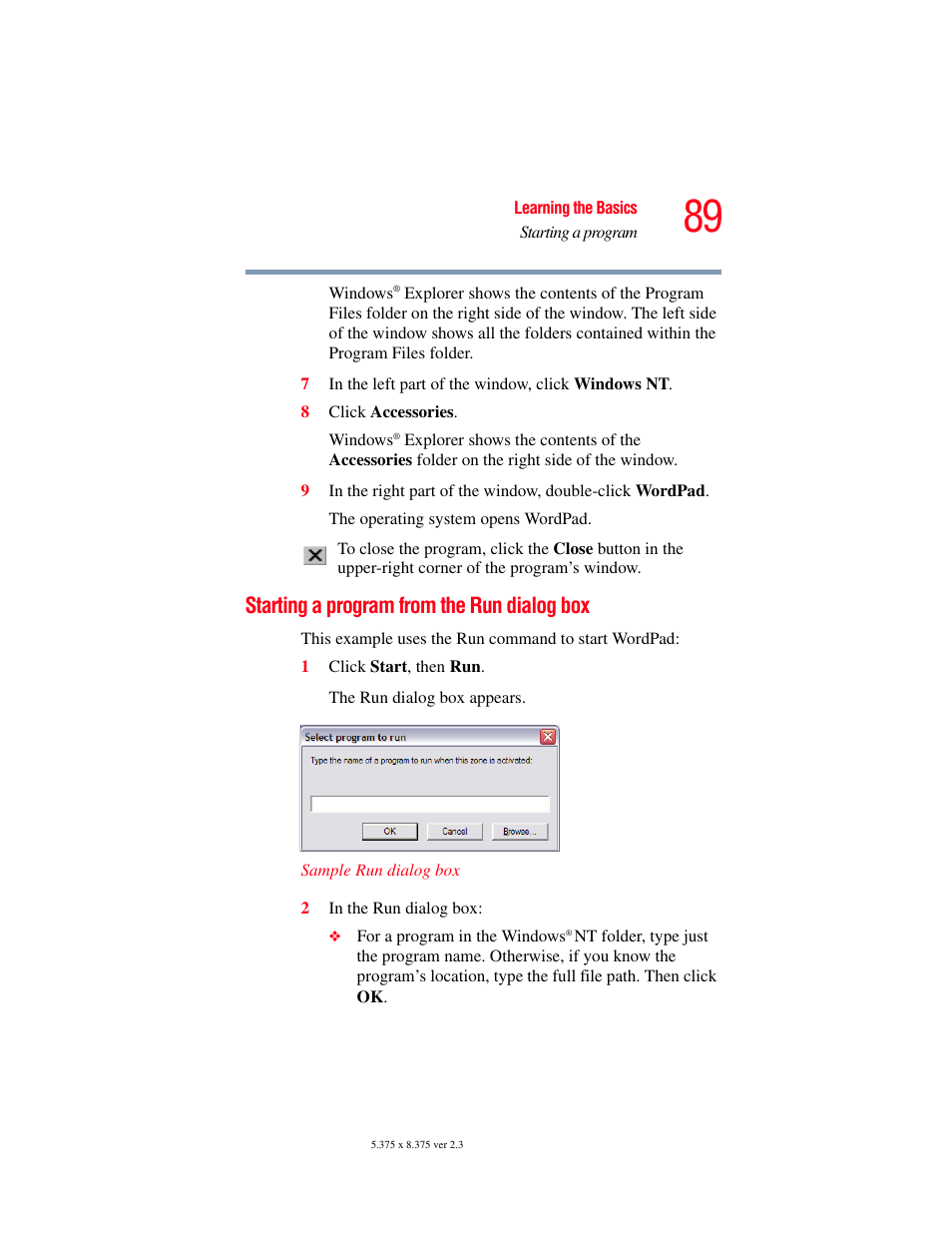 Starting a program from the run dialog box | Toshiba P100/P105 User Manual | Page 89 / 280