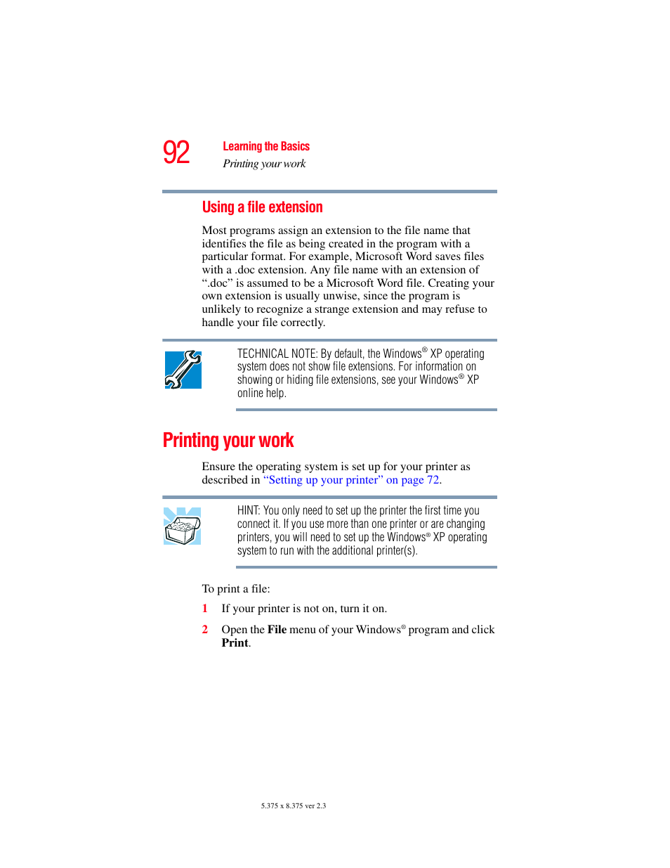 Printing your work, Using a file extension | Toshiba P100/P105 User Manual | Page 92 / 280