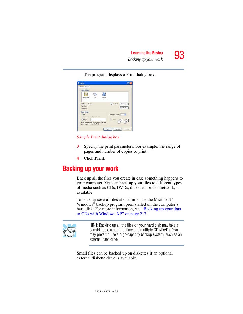 Backing up your work | Toshiba P100/P105 User Manual | Page 93 / 280