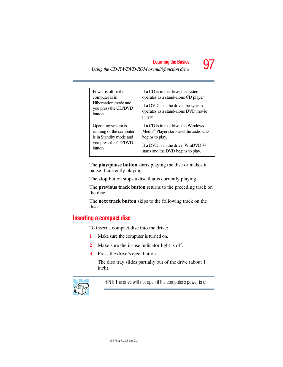 Inserting a compact disc | Toshiba P100/P105 User Manual | Page 97 / 280