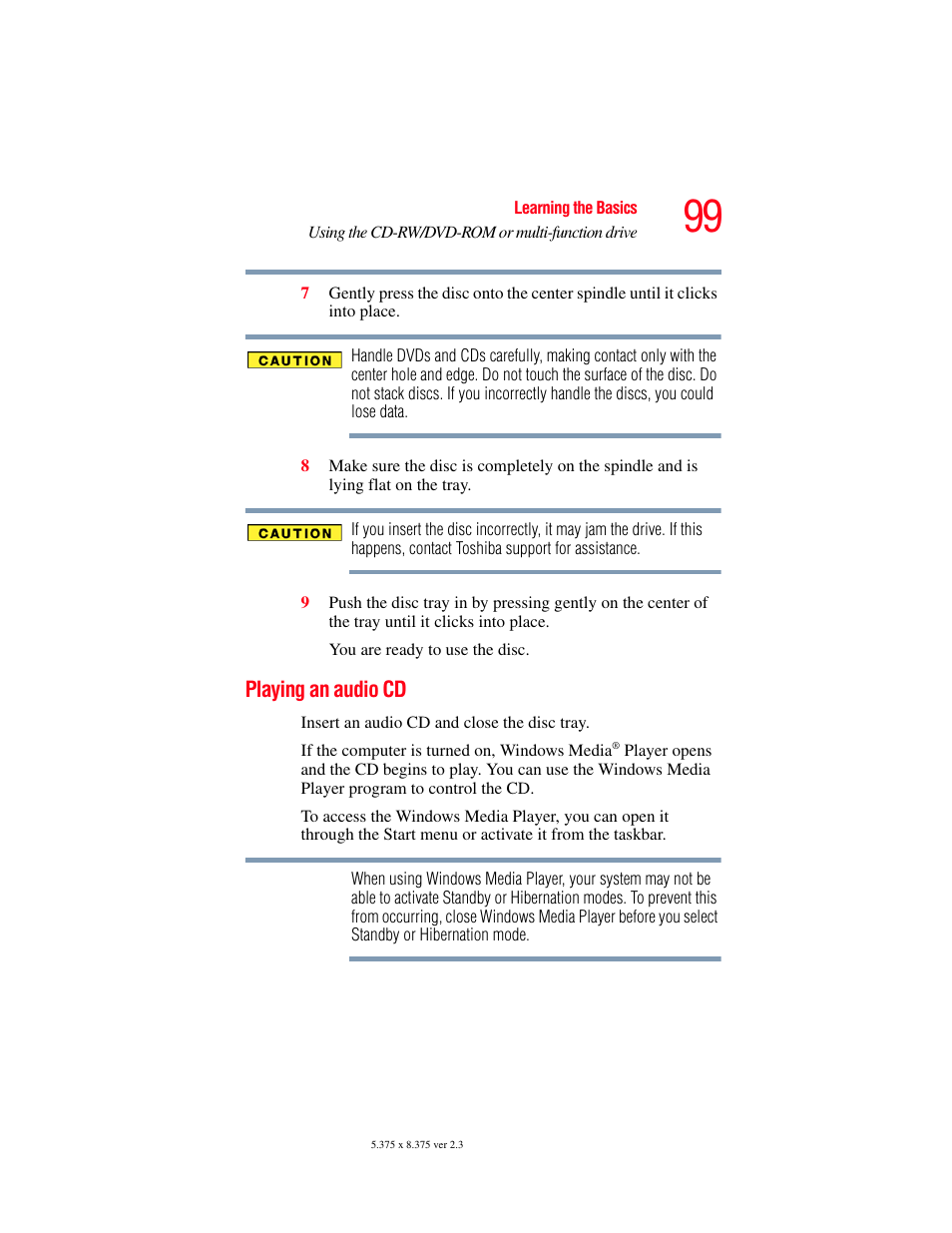 Playing an audio cd | Toshiba P100/P105 User Manual | Page 99 / 280