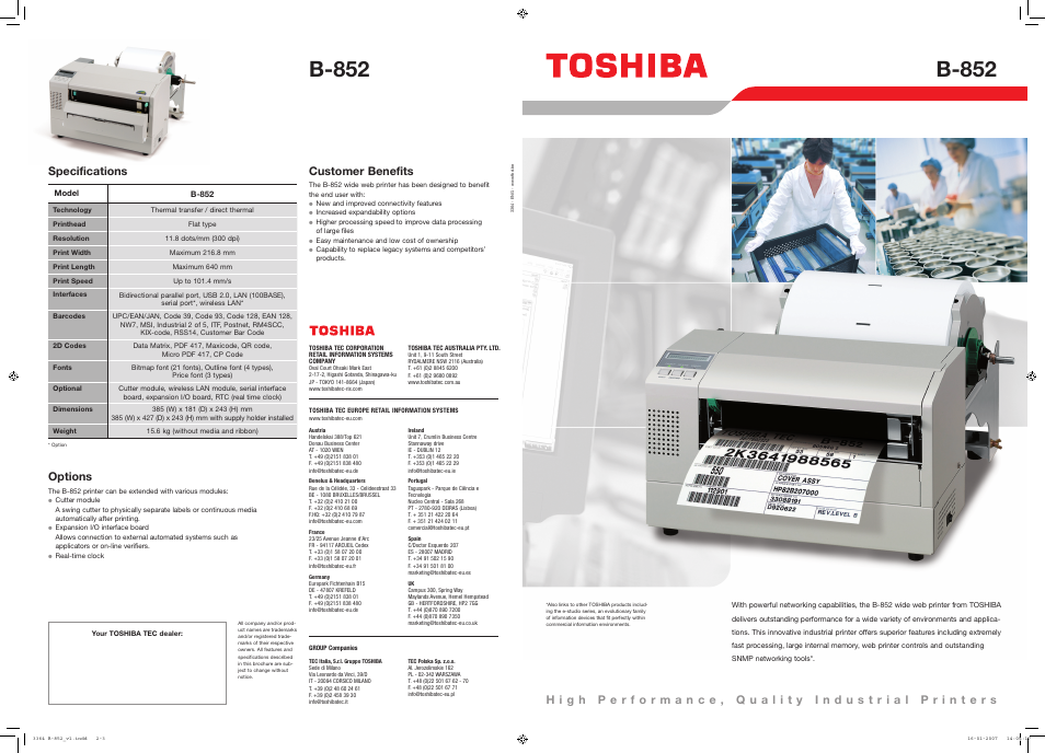 Toshiba B-852 User Manual | 2 pages