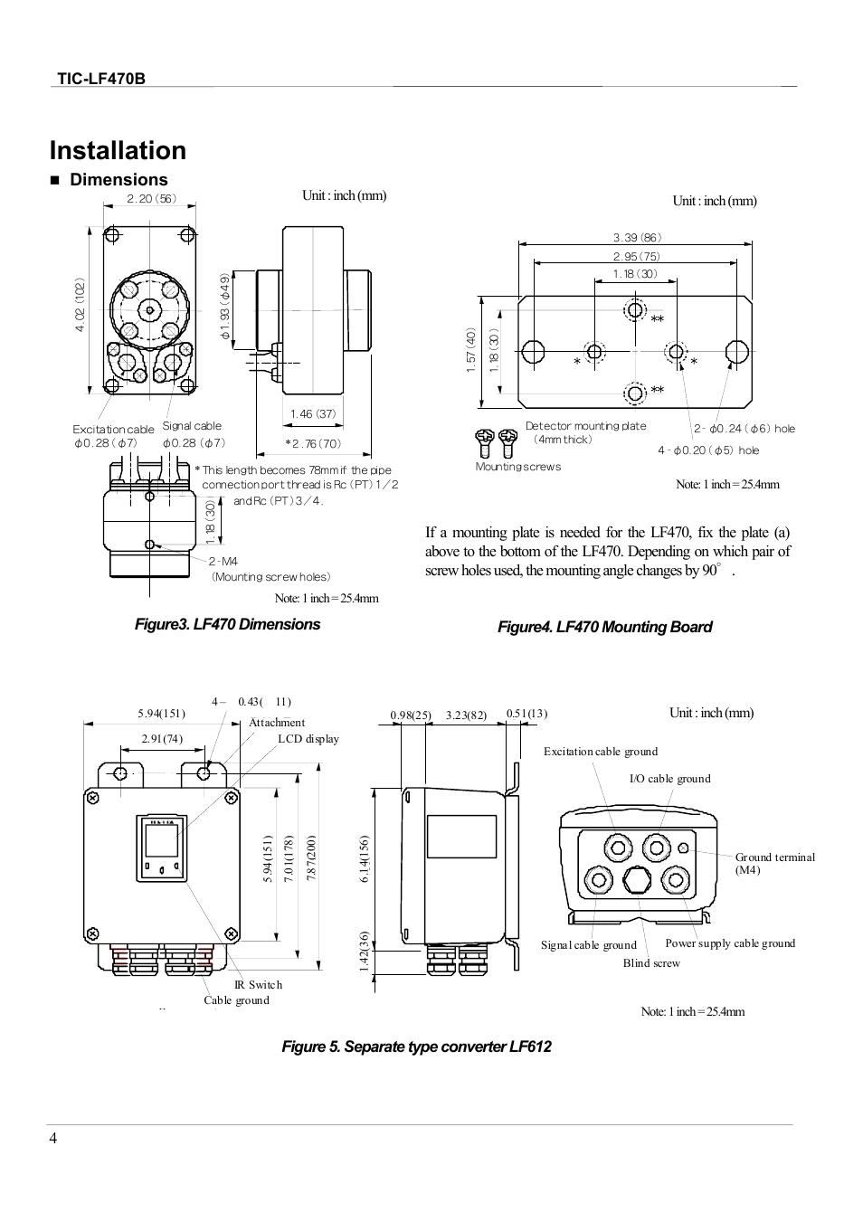 Installation, Dimensions | Toshiba Electromagnetic Flowmeter LF470/LF612 User Manual | Page 4 / 8