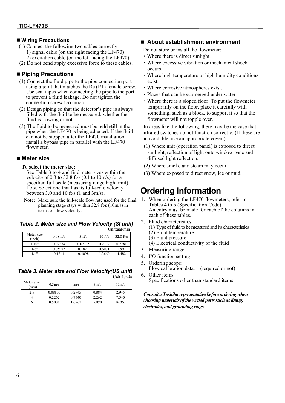 Ordering information, Piping precautions, Meter size | About establishment environment | Toshiba Electromagnetic Flowmeter LF470/LF612 User Manual | Page 6 / 8