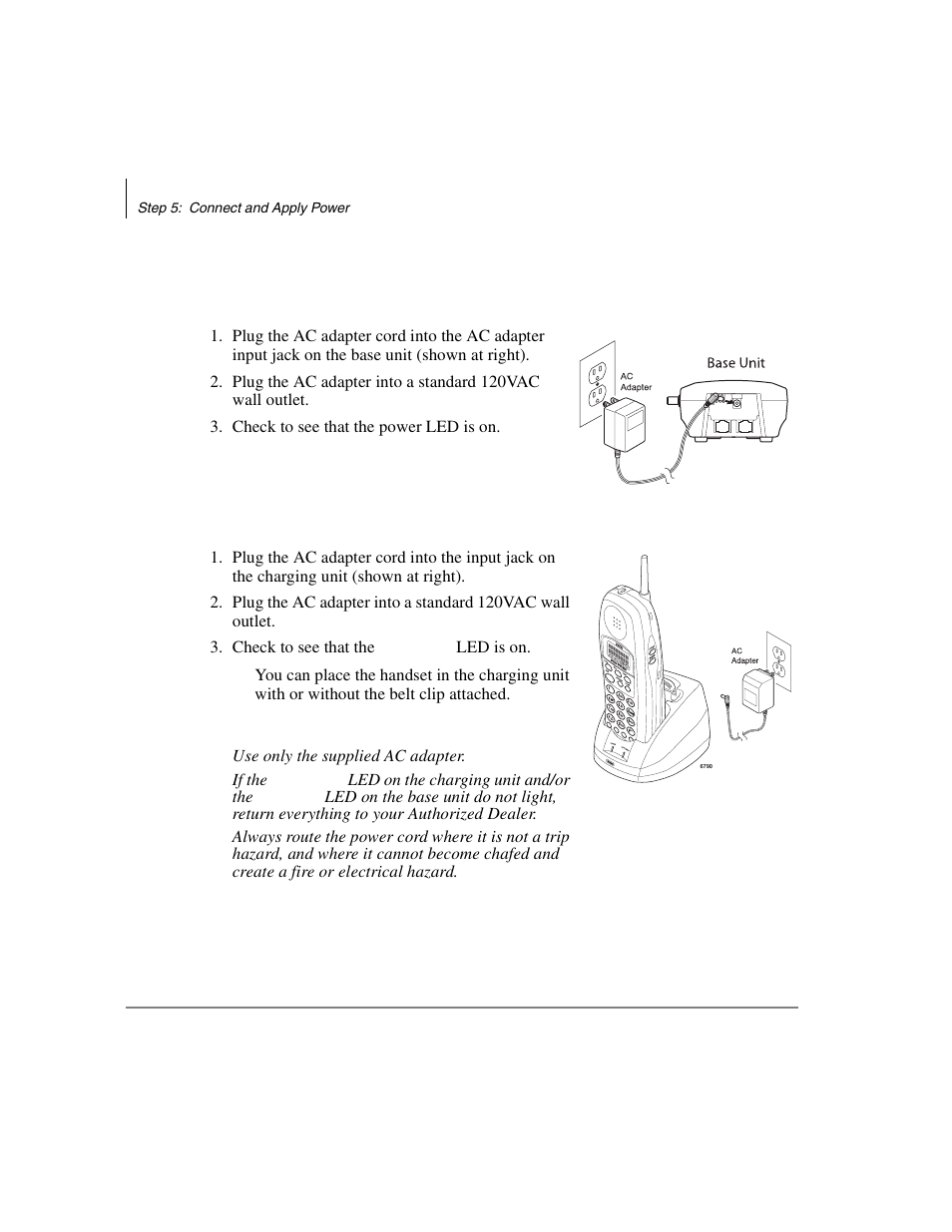 Base unit, Charging unit, Connect and apply power | Base unit charging unit, Step 5: connect and apply power | Toshiba DKT2304-CT User Manual | Page 28 / 65