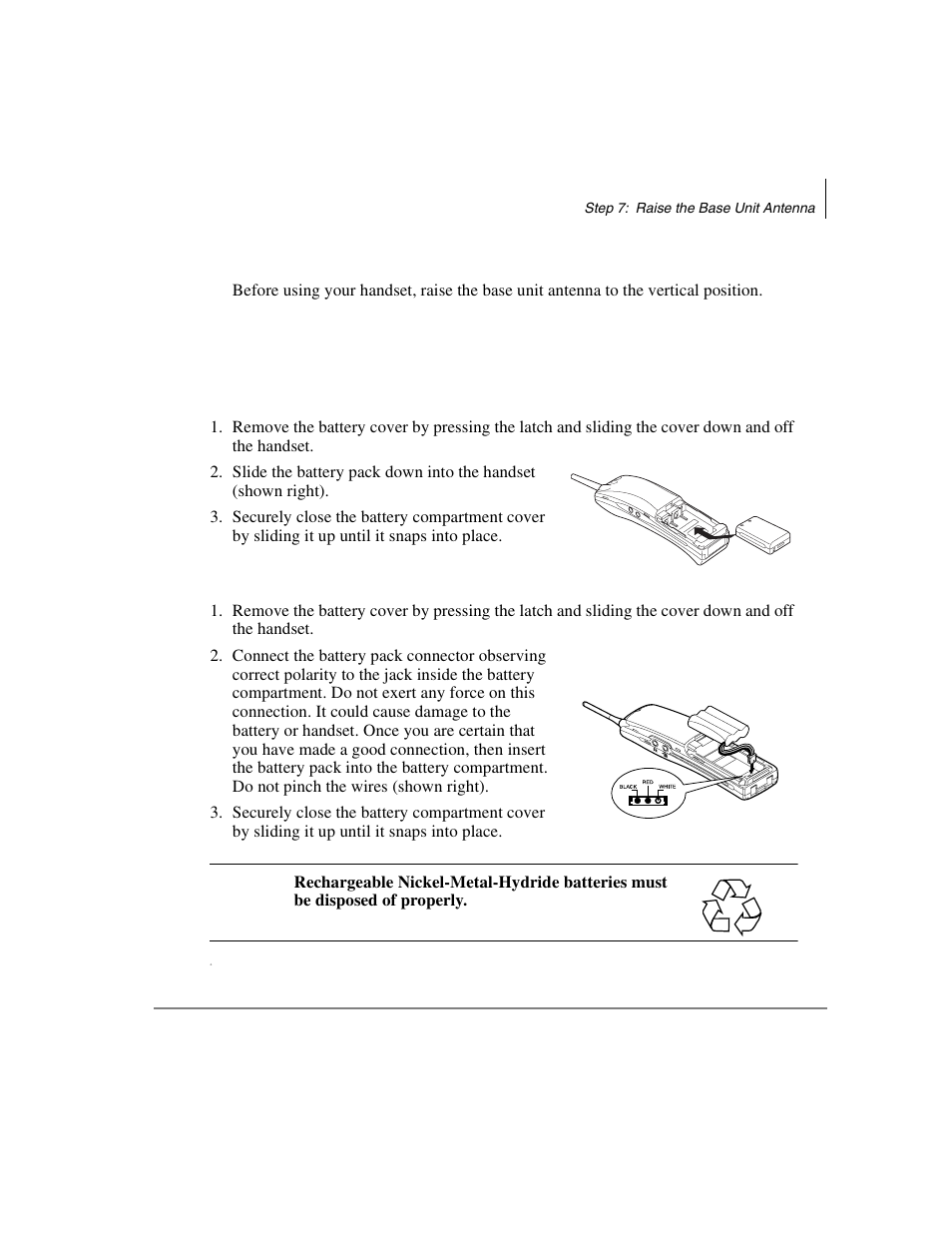 Dkt2204-ct, Dkt2304-ct, Dkt2204-ct dkt2304-ct | Step 7: raise the base unit antenna, Step 8: install handset battery pack | Toshiba DKT2304-CT User Manual | Page 33 / 65