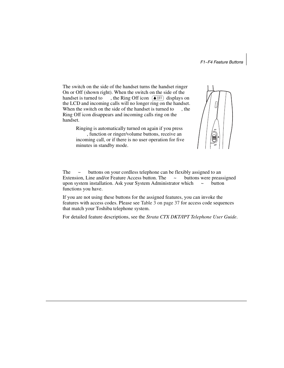 Ringer off slide switch (dkt2204-ct only), F1~f4 feature buttons | Toshiba DKT2304-CT User Manual | Page 39 / 65