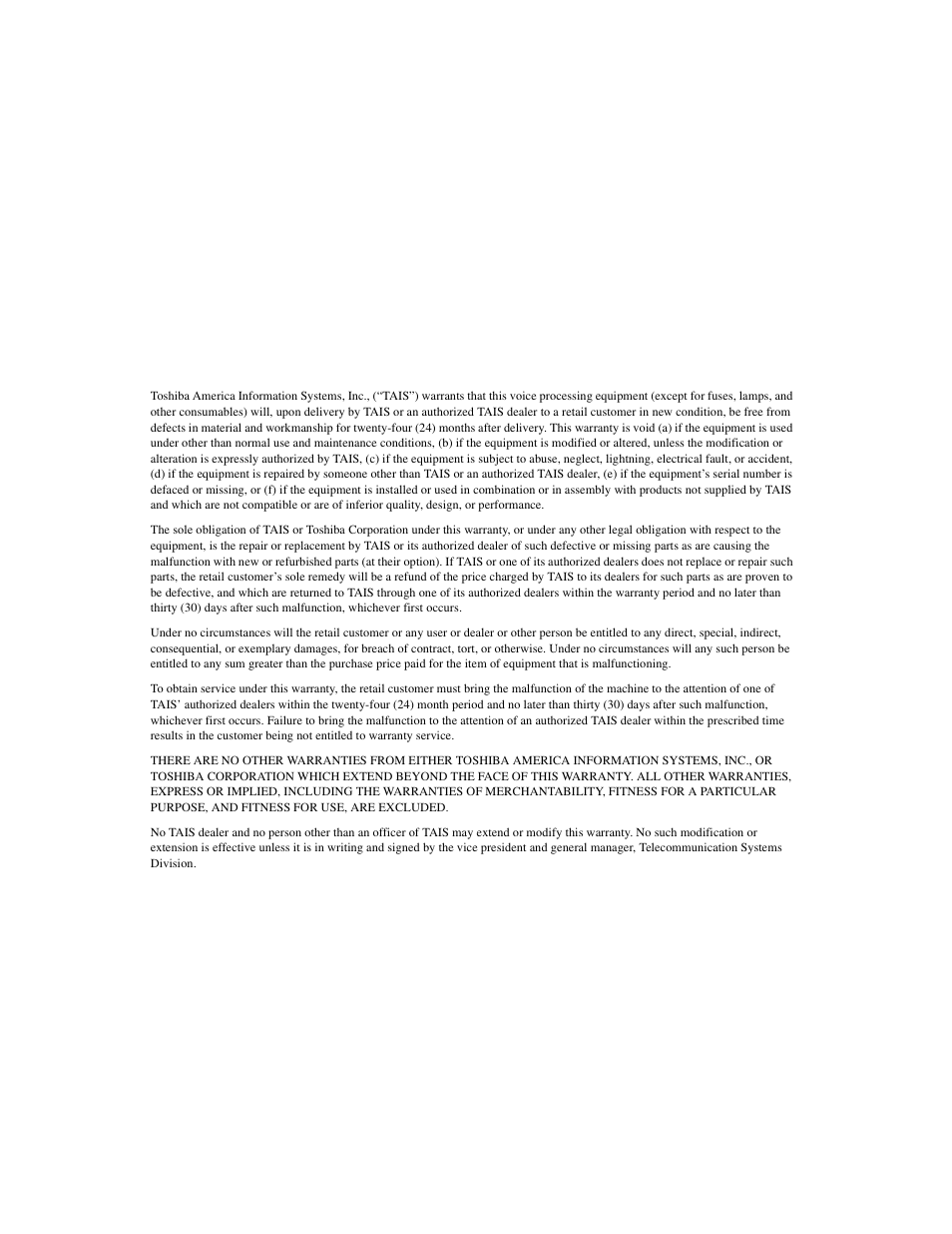 Toshiba america information systems, inc, Limited warranty, Telecommunication systems division | Toshiba DKT2304-CT User Manual | Page 4 / 65