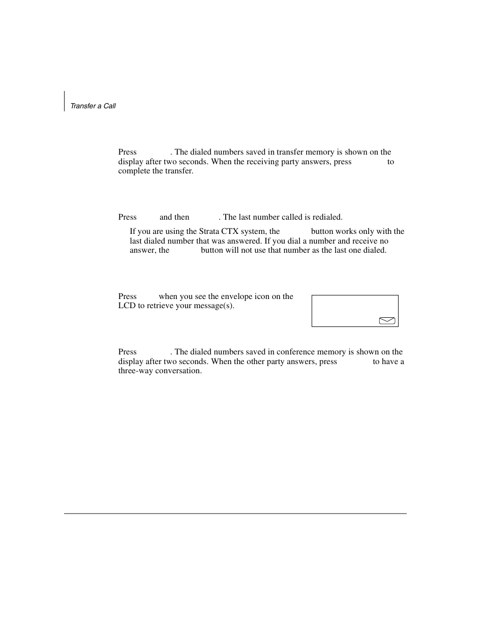 Transfer a call, Redial a number, Retrieve messages | Conference a call | Toshiba DKT2304-CT User Manual | Page 42 / 65