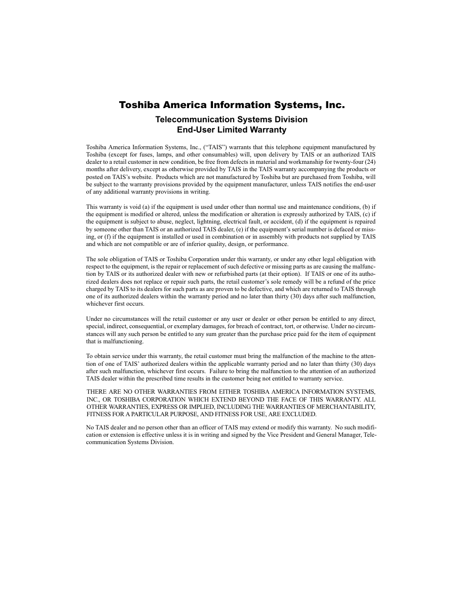 Toshiba america information systems, inc | Toshiba Strata CIX40 User Manual | Page 4 / 96