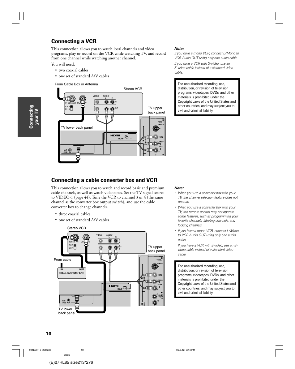 Connecting a vcr, Connecting a cable converter box and vcr, Connecting y our t v | Toshiba 27HL85 User Manual | Page 10 / 58