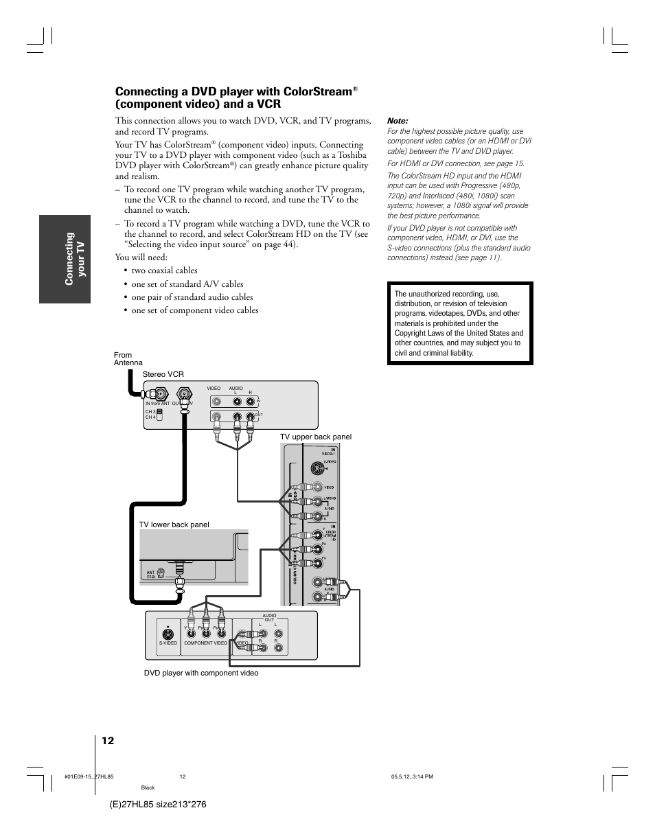 Connecting a dvd player with colorstream, Component video) and a vcr, Connecting y our t v | Toshiba 27HL85 User Manual | Page 12 / 58