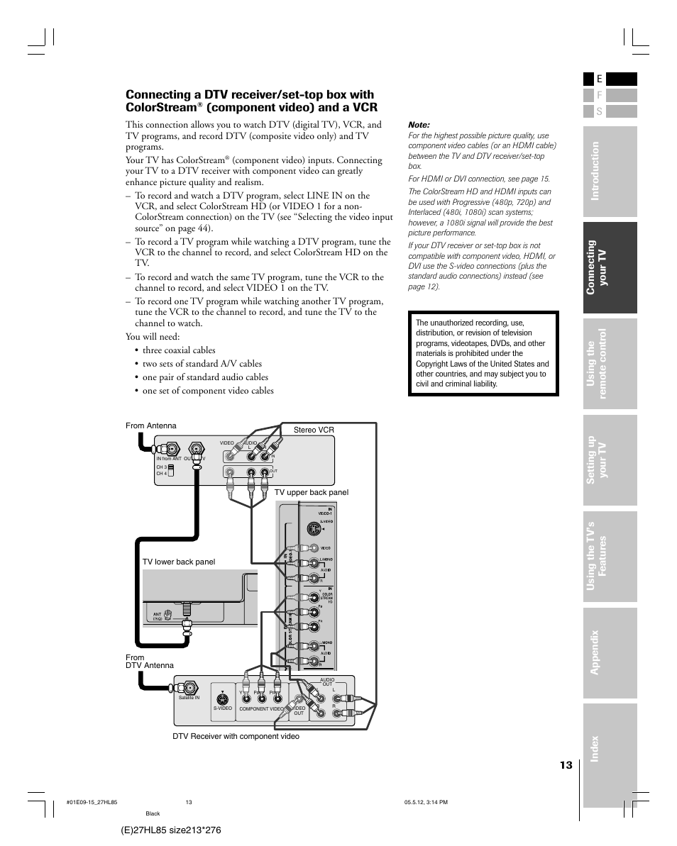 Component video) and a vcr | Toshiba 27HL85 User Manual | Page 13 / 58