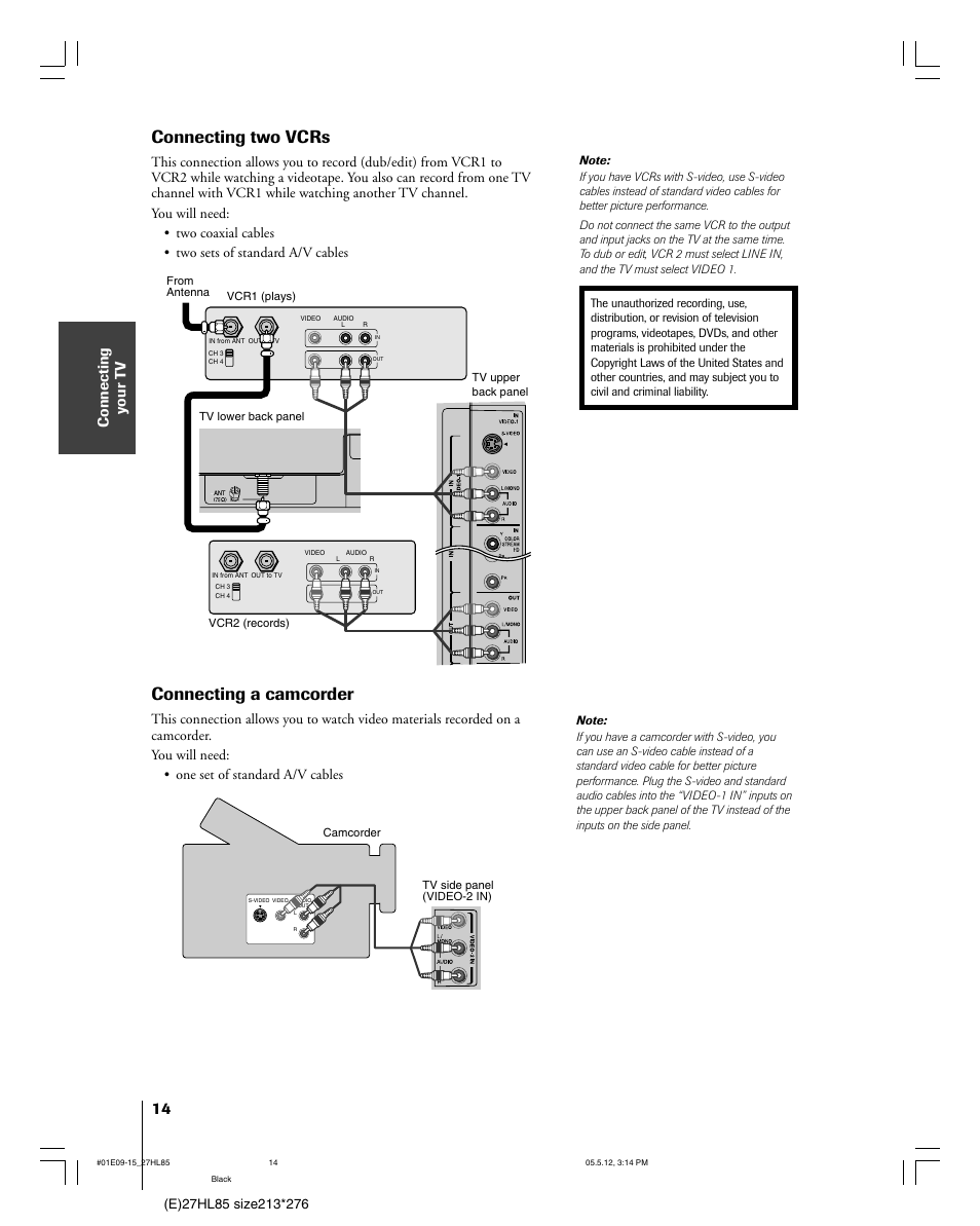 Connecting two vcrs, Connecting a camcorder, Connecting y our t v | Toshiba 27HL85 User Manual | Page 14 / 58