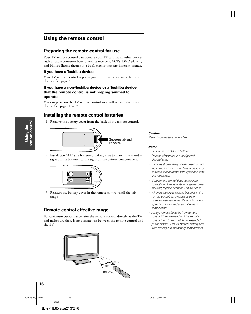 Using the remote control, Preparing the remote control for use, Installing the remote control batteries | Remote control effective range | Toshiba 27HL85 User Manual | Page 16 / 58