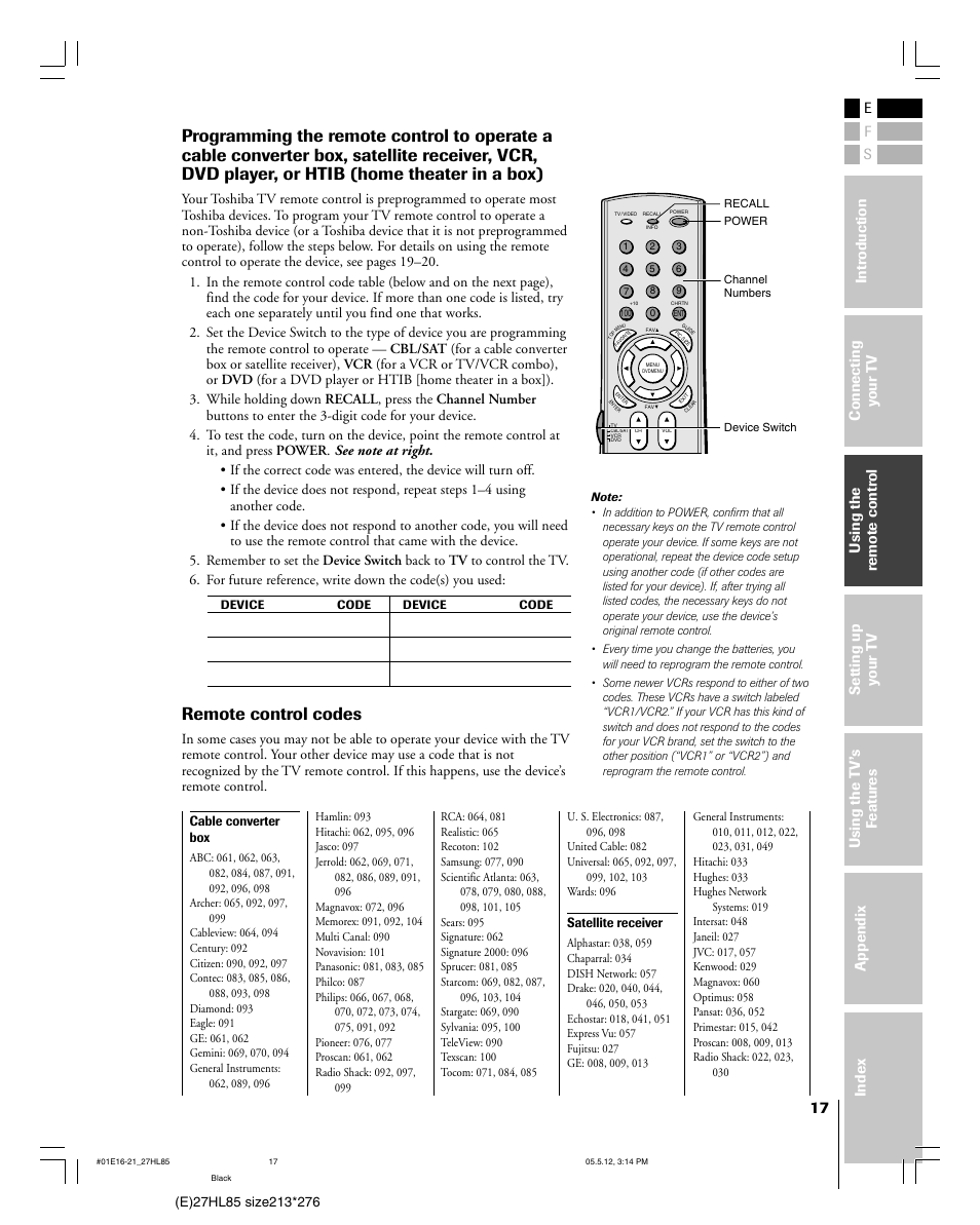 Remote control codes, Cable converter box, Satellite receiver | Toshiba 27HL85 User Manual | Page 17 / 58