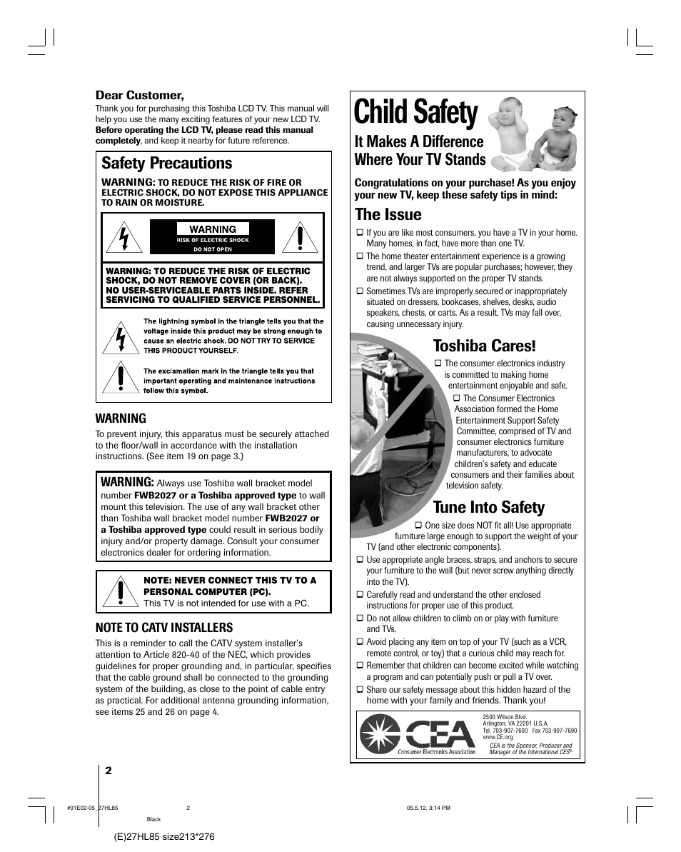 Child safety, Safety precautions, It makes a difference where your tv stands | The issue, Toshiba cares, Tune into safety, Warning | Toshiba 27HL85 User Manual | Page 2 / 58