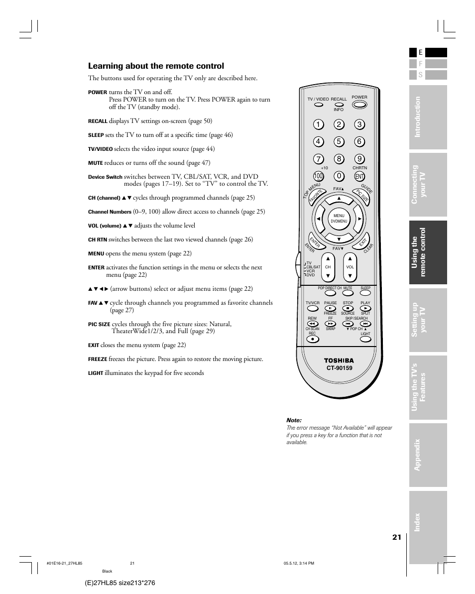 Learning about the remote control | Toshiba 27HL85 User Manual | Page 21 / 58