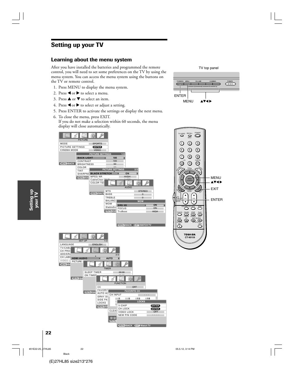 Setting up your tv, Learning about the menu system, Setting up y our t v | Toshiba 27HL85 User Manual | Page 22 / 58