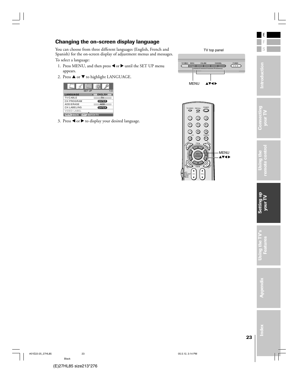 Changing the on-screen display language, Press x or • to display your desired language | Toshiba 27HL85 User Manual | Page 23 / 58