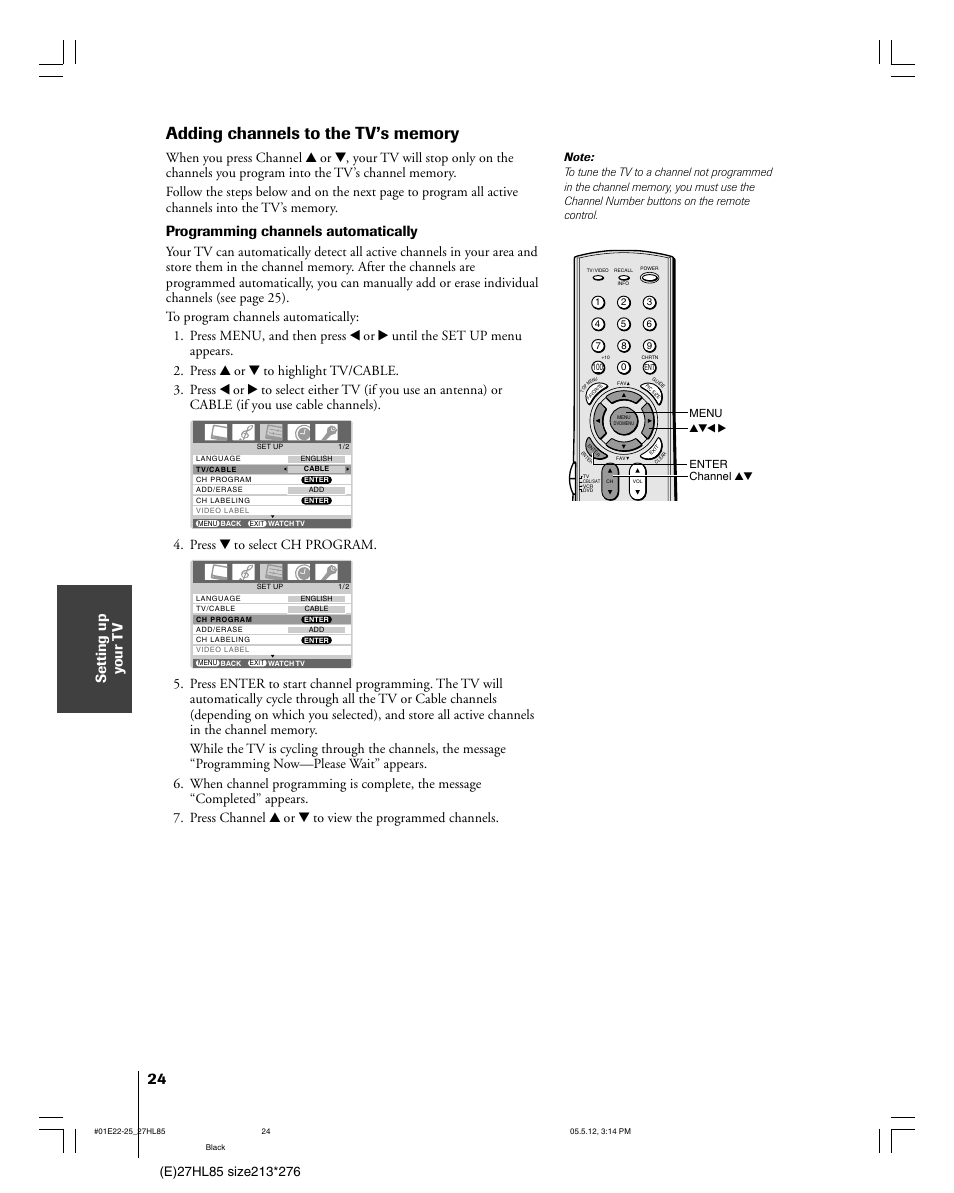 Setting up y our t v, Programming channels automatically, Press z to select ch program | Toshiba 27HL85 User Manual | Page 24 / 58