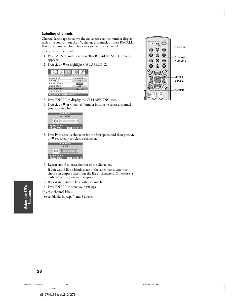 Using the t v’s f eatur es, Labeling channels, Yzx • channel numbers menu enter | Recall | Toshiba 27HL85 User Manual | Page 28 / 58